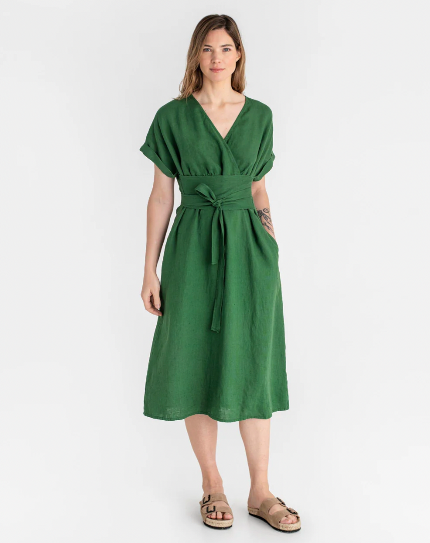 Women's CAMDEN Linen Midi Dress in Emerald